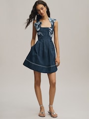 Anthropologie Blue Maeve Denim Embroidered Fit & Flare Midi Dress - Image 1 of 4