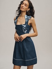 Anthropologie Blue Maeve Denim Embroidered Fit & Flare Midi Dress - Image 4 of 4