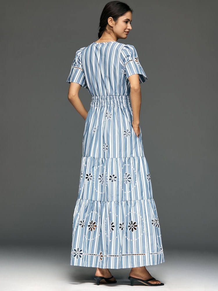 Anthropologie Μπλε Το Somerset Βαμβακερό Κεντημένο Eyelet Μακρύ φόρεμα - Εικόνα 2 από 3