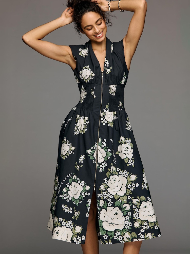 أسود - فستان بتصميم قميص متوسط الطول بسحّاب أمامي تصميم مجمع أكمام فوق الكتف The Tommie من Anthropologie - Image 1 of 4