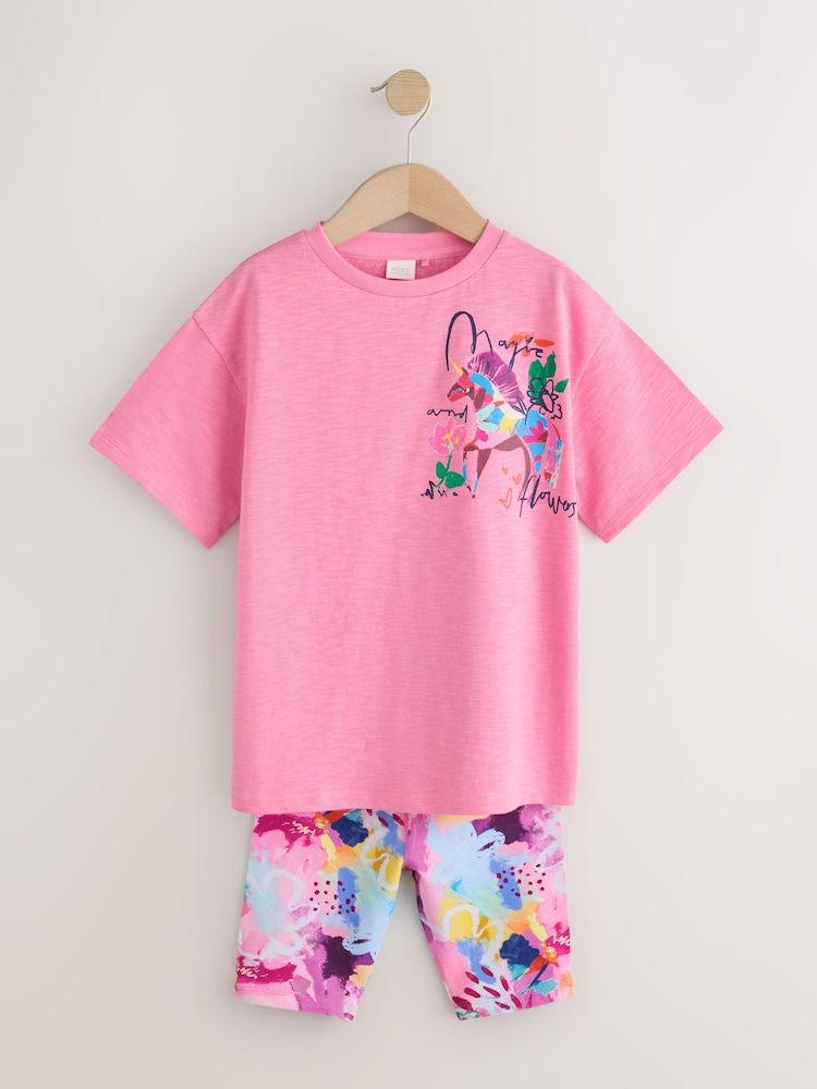 Pink Floral Unicorn T-Shirt and Cycle Shorts Set (3-16yrs) - Image 1 of 5 Pink Floral Unicorn T-Shirt and Cycle Shorts Set (3-16yrs) - Image 1 of 5