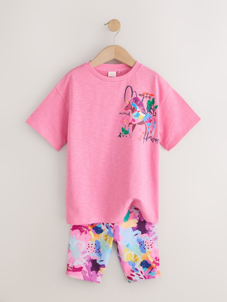 Pink Floral Unicorn T-Shirt and Cycle Shorts Set (3-16yrs) - Image 2 of 5 Pink Floral Unicorn T-Shirt and Cycle Shorts Set (3-16yrs) - Image 2 of 5