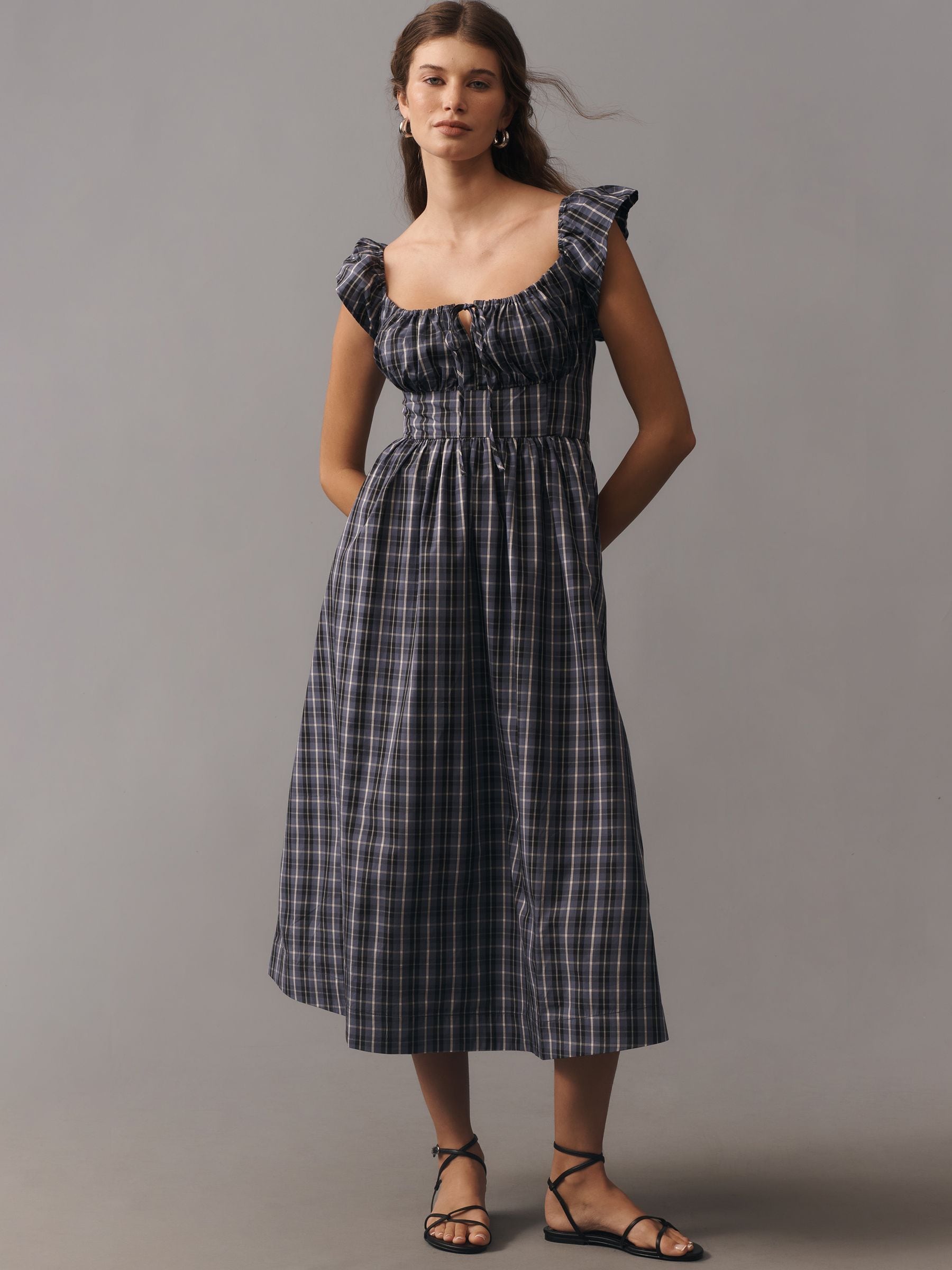 Buy Anthropologie Blue Flutter-Sleeve Square-Neck Midi Dress from