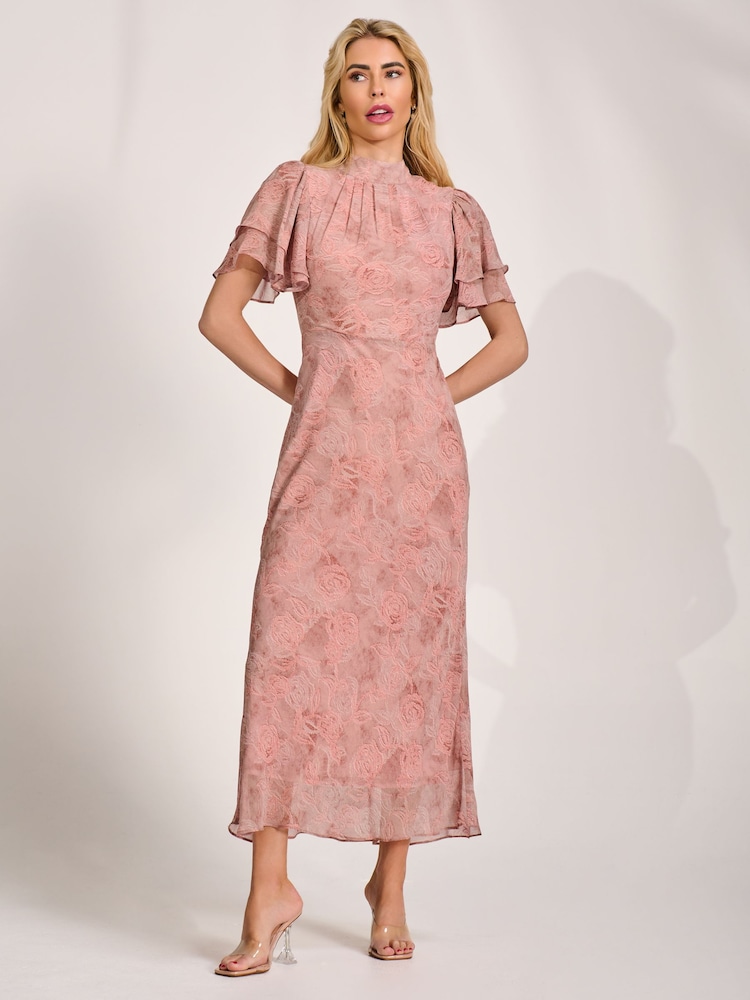 pink women's angel flowy dress CurveWow Shirred Top Sleeve Maxi Bright Curvewow Style with strappy heels and a compact clutch as shown for drinks with the girls bright pink bridesmaid dresses Oasis