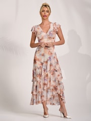 Jolie Moi Natural Mesh Ruffle Detail Maxi Dress - Image 5 of 6