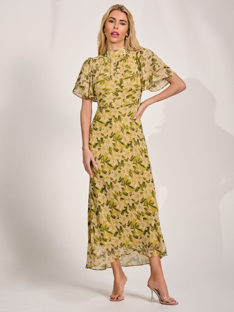 Jolie Moi Yellow High Neck Angel Sleeve Chiffon Maxi Dress - Image 1 of 6