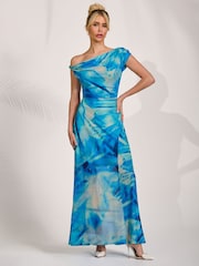 Jolie Moi Blue Mesh Asymmetrical Off-Shoulder Maxi Dress - Image 1 of 6