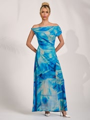 Jolie Moi Blue Mesh Asymmetrical Off-Shoulder Maxi Dress - Image 4 of 6