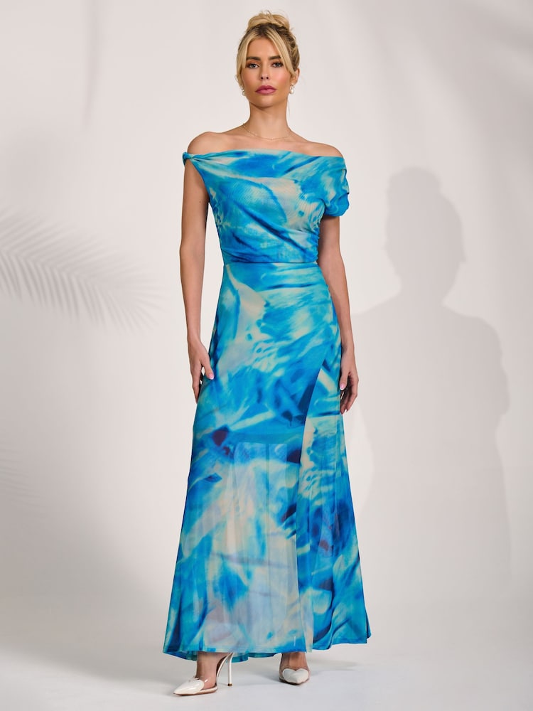 Jolie Moi Blue Mesh Asymmetrical Off-Shoulder Maxi Dress - Image 6 of 6