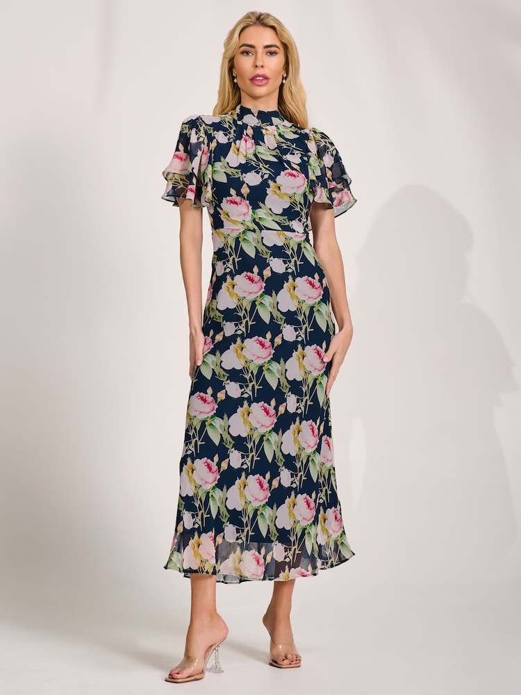 Jolie Moi Blue High Neck Angel Sleeve Chiffon Maxi Dress - Image 6 of 6