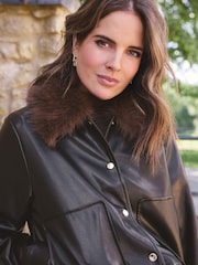 Love & Roses Black Faux Leather Fur Collar Bomber Jacket - Image 4 of 5