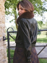Love & Roses Black Faux Leather Fur Collar Bomber Jacket - Image 5 of 5
