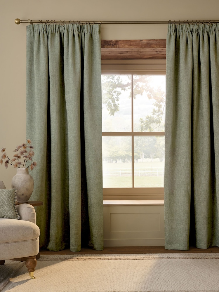 Sage Green Heavyweight Chenille Blackout/Thermal Pencil Pleat Curtains - Image 2 of 6 Sage Green Heavyweight Chenille Blackout/Thermal Pencil Pleat Curtains - Image 2 of 6