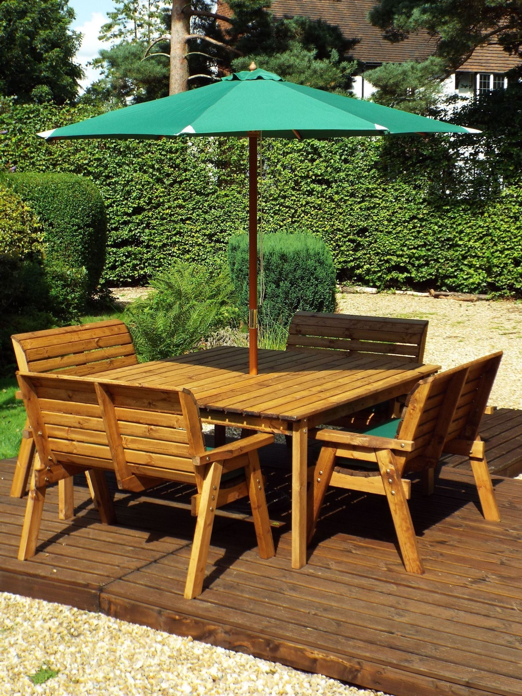 B&Q - 8 Seater Wooden Square Table & 4 X Garden Benches Parasol Green - Image 2