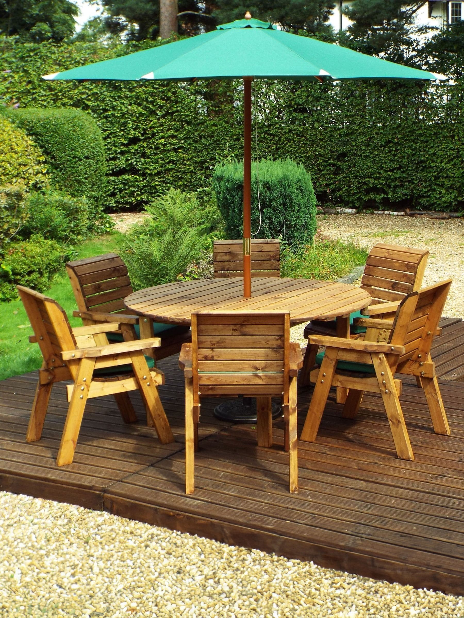 Charles Taylor Solid Wood 6 Seater Round Outdoor Dining Set - Green Cushions - Image 4