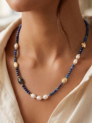 Jon Richard Navy Blue Lapis and Pearl Beaded Necklace - Image 2 of 2