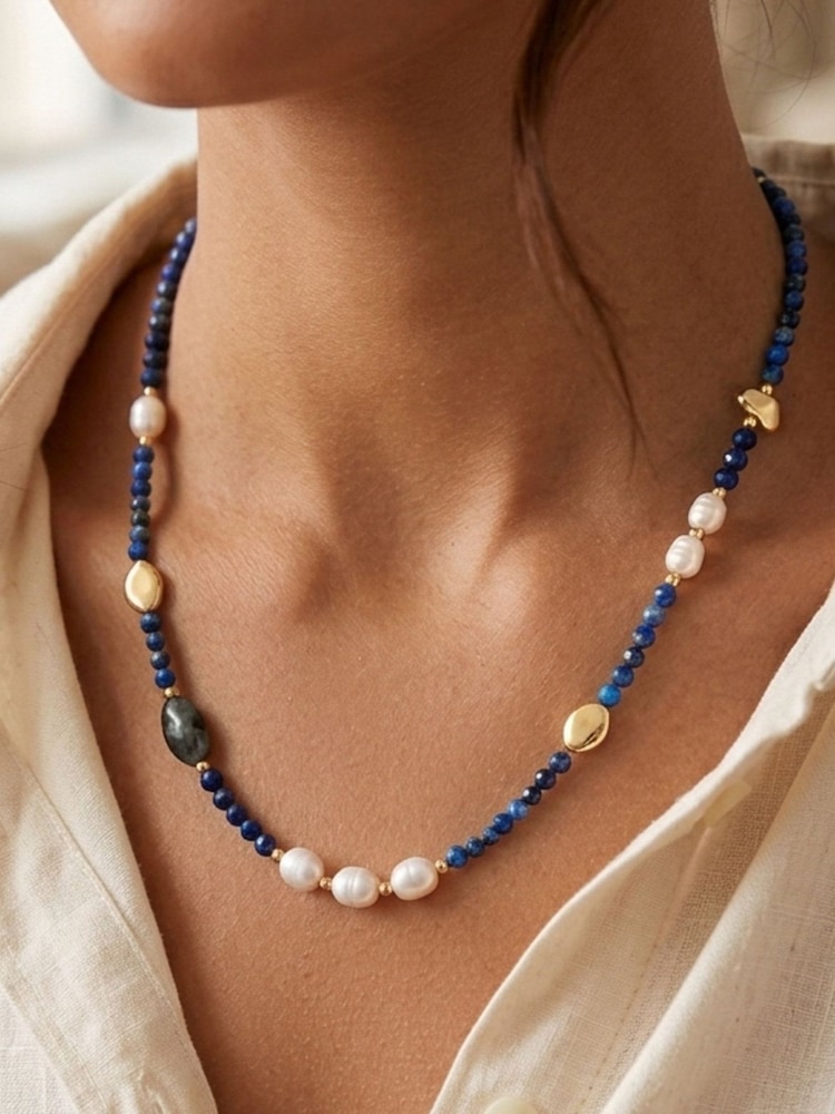 Jon Richard Navy Blue Lapis and Pearl Beaded Necklace - Image 2 of 2 Jon Richard Navy Blue Lapis and Pearl Beaded Necklace - Image 2 of 2