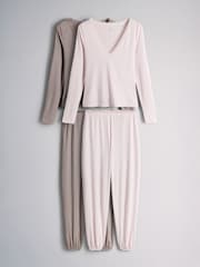 The Set 2 Pack Soft Rib Lace V-Neck Top and Balloon Pant Pyjamas Set - 7şəkildən 1 şəkil