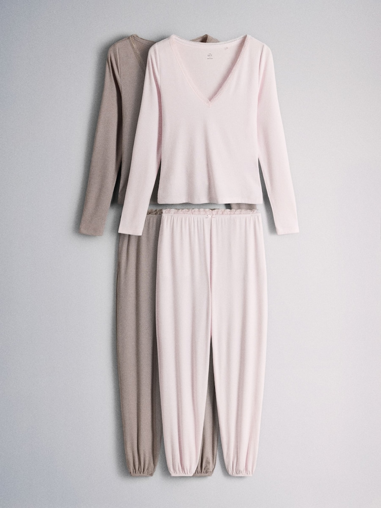 The Set 2 Pack Soft Rib Lace V-Neck Top and Balloon Pant Pyjamas Set - 7şəkildən 1 şəkil The Set 2 Pack Soft Rib Lace V-Neck Top and Balloon Pant Pyjamas Set - 7şəkildən 1 şəkil