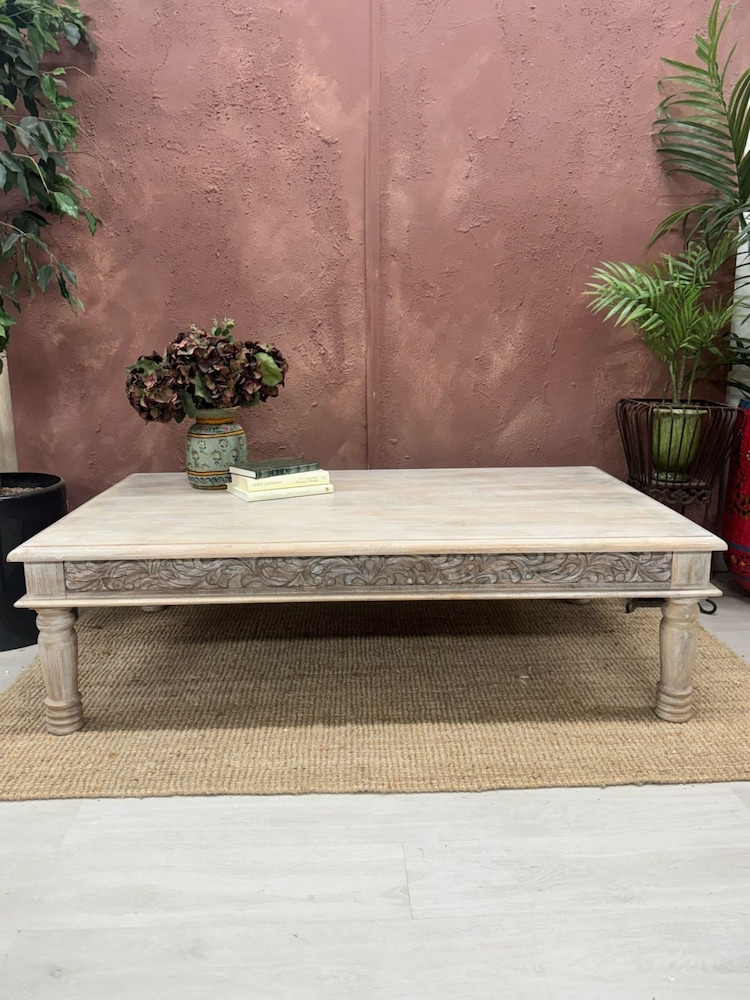 Kirei Home Whitewashed Hand Carved Mango Wood Coffee Table - Image 1 of 6