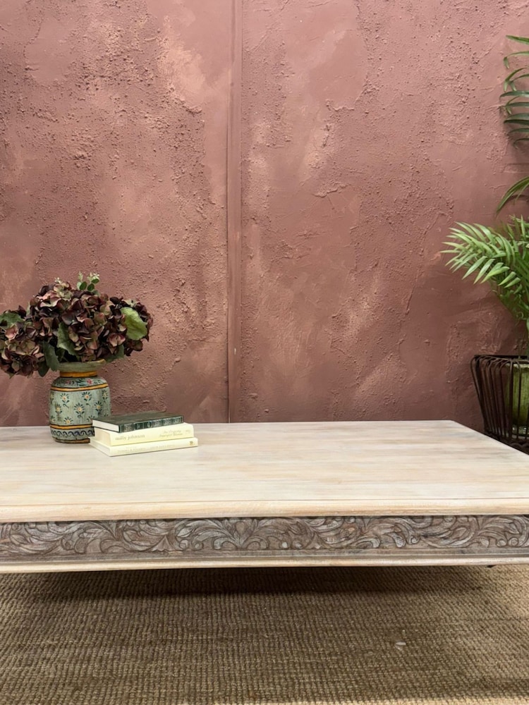 Kirei Home Whitewashed Hand Carved Mango Wood Coffee Table - Image 2 of 6