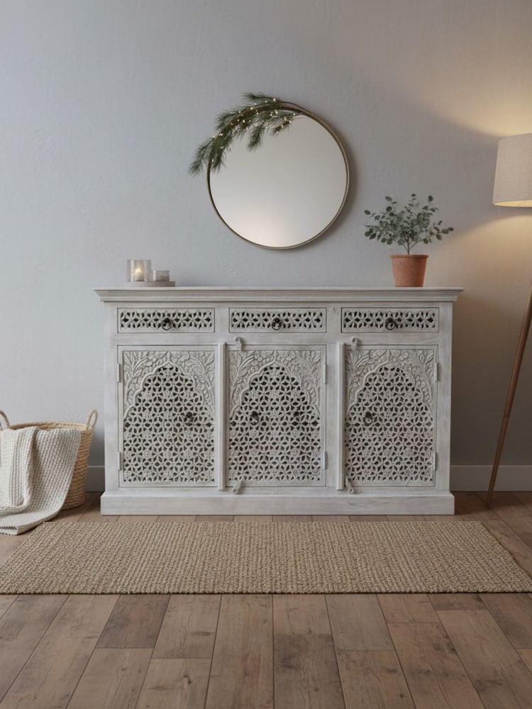 Kirei Home Creamwashed Three Door Three Drawer Mango Wood Jali Sideboard - Image 1 of 5