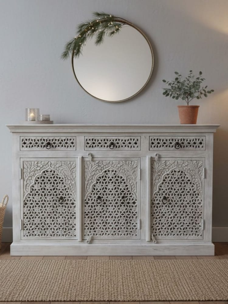 Kirei Home Creamwashed Three Door Three Drawer Mango Wood Jali Sideboard - Image 2 of 5