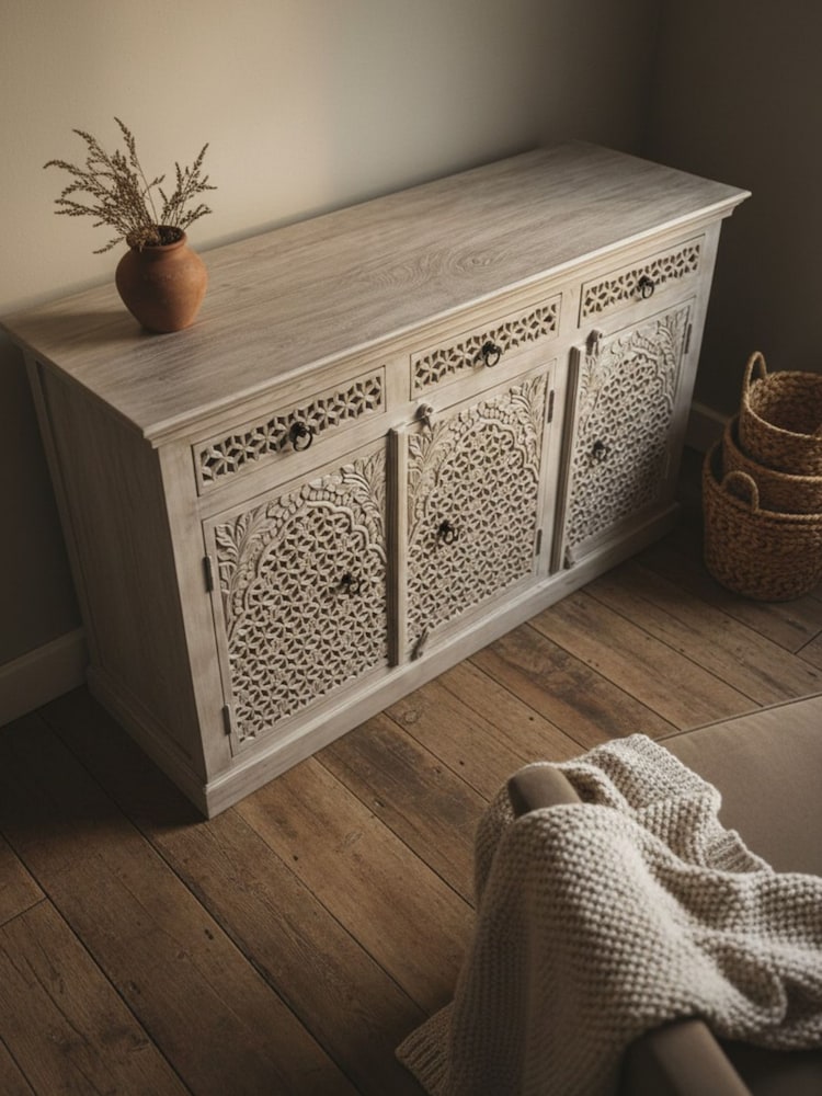 Kirei Home Creamwashed Three Door Three Drawer Mango Wood Jali Sideboard - Image 5 of 5