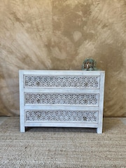Kirei Home Creamwashed Hand Carved Mango Wood Three Drawer Chest - Image 1 of 4