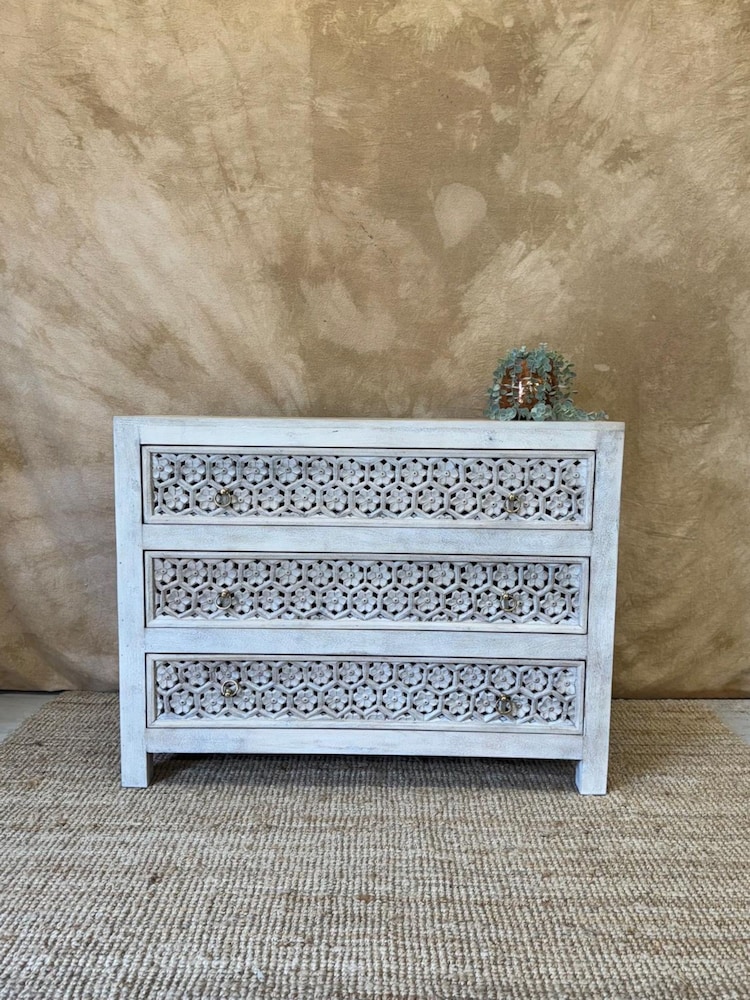 Kirei Home Creamwashed Hand Carved Mango Wood Three Drawer Chest - Image 1 of 4