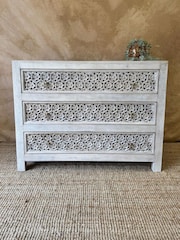 Kirei Home Creamwashed Hand Carved Mango Wood Three Drawer Chest - Image 2 of 4