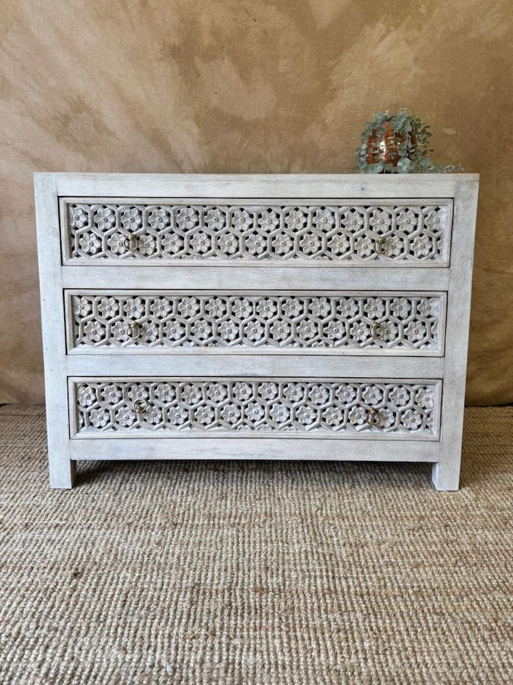 Kirei Home Creamwashed Hand Carved Mango Wood Three Drawer Chest - Image 2 of 4