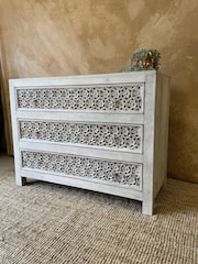 Kirei Home Creamwashed Hand Carved Mango Wood Three Drawer Chest - Image 3 of 4