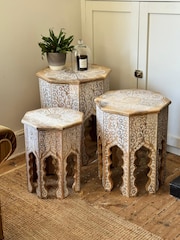 Kirei Home White Hand Painted Indian Octagonal Side Table Set - Image 1 of 4