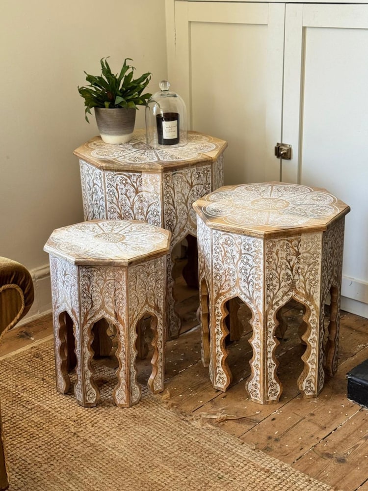 Kirei Home White Hand Painted Indian Octagonal Side Table Set - Image 1 of 4