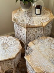 Kirei Home White Hand Painted Indian Octagonal Side Table Set - Image 2 of 4