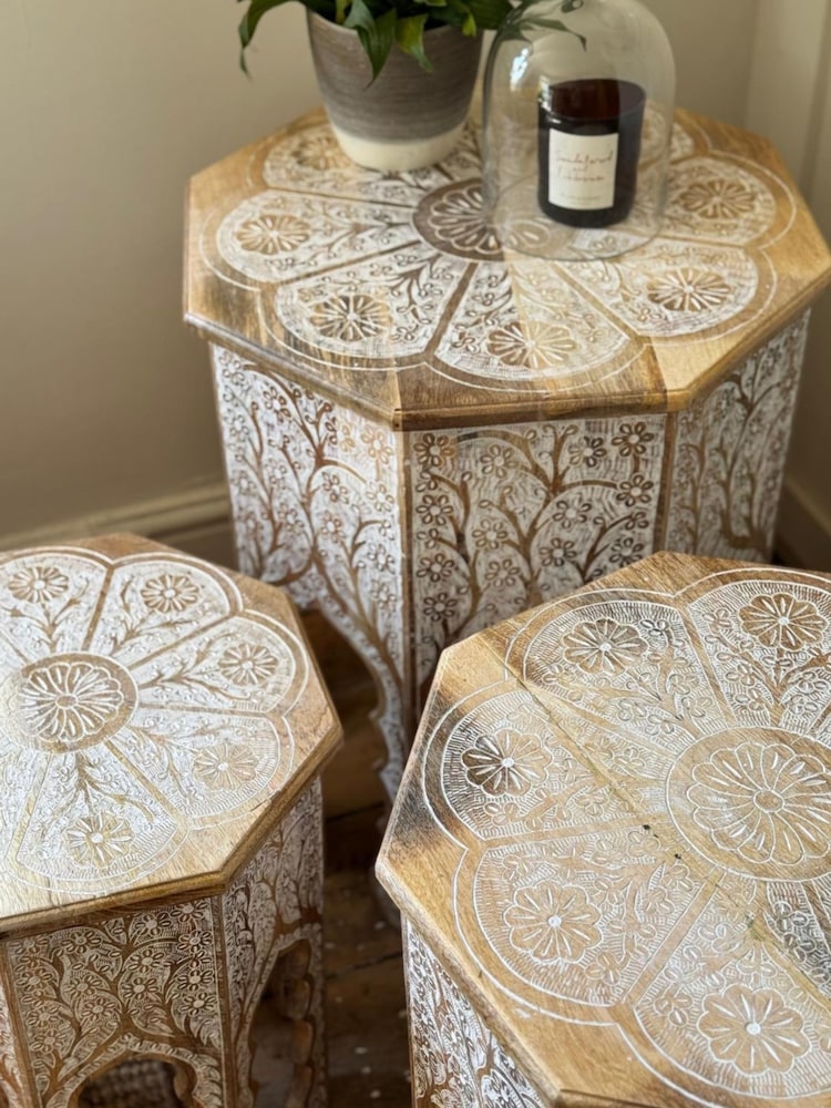 Kirei Home White Hand Painted Indian Octagonal Side Table Set - Image 2 of 4