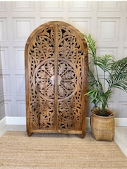 Kirei Home Natural Polished Arched Hand Carved Mango Wood Armoire Cabinet - Image 1 of 5