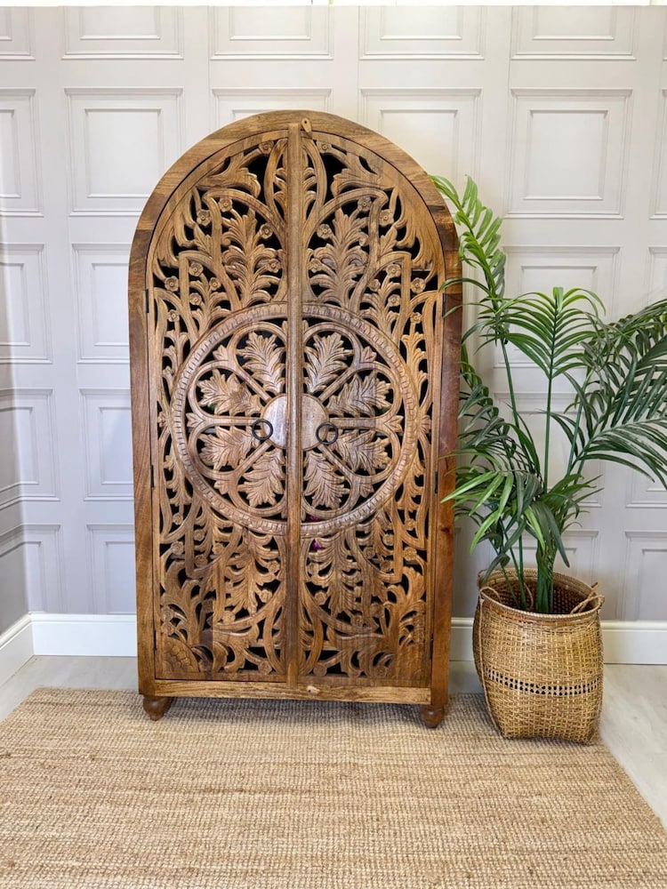 Kirei Home Natural Polished Arched Hand Carved Mango Wood Armoire Cabinet - Image 1 of 5