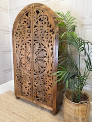 Kirei Home Natural Polished Arched Hand Carved Mango Wood Armoire Cabinet - Image 2 of 5