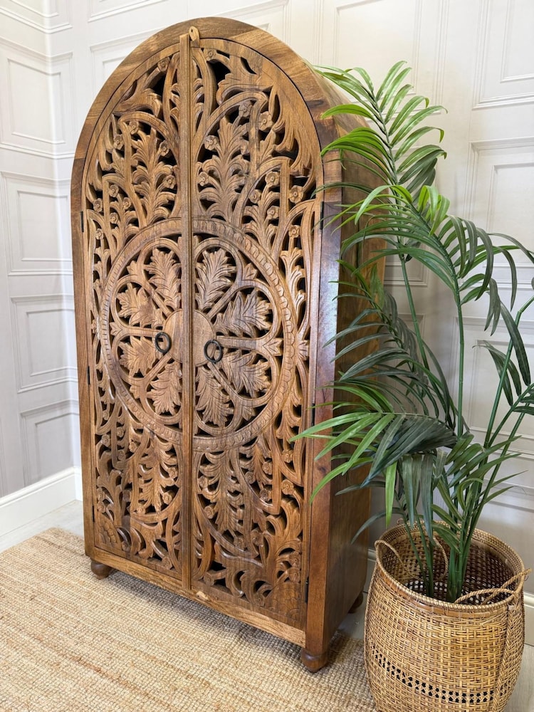 Kirei Home Natural Polished Arched Hand Carved Mango Wood Armoire Cabinet - Image 2 of 5