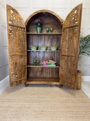 Kirei Home Natural Polished Arched Hand Carved Mango Wood Armoire Cabinet - Image 3 of 5