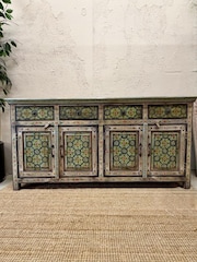 Kirei Home Blue Hand Painted Mango Wood Floral Sideboard - Image 1 of 5