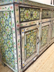 Kirei Home Blue Hand Painted Mango Wood Floral Sideboard - Image 3 of 5