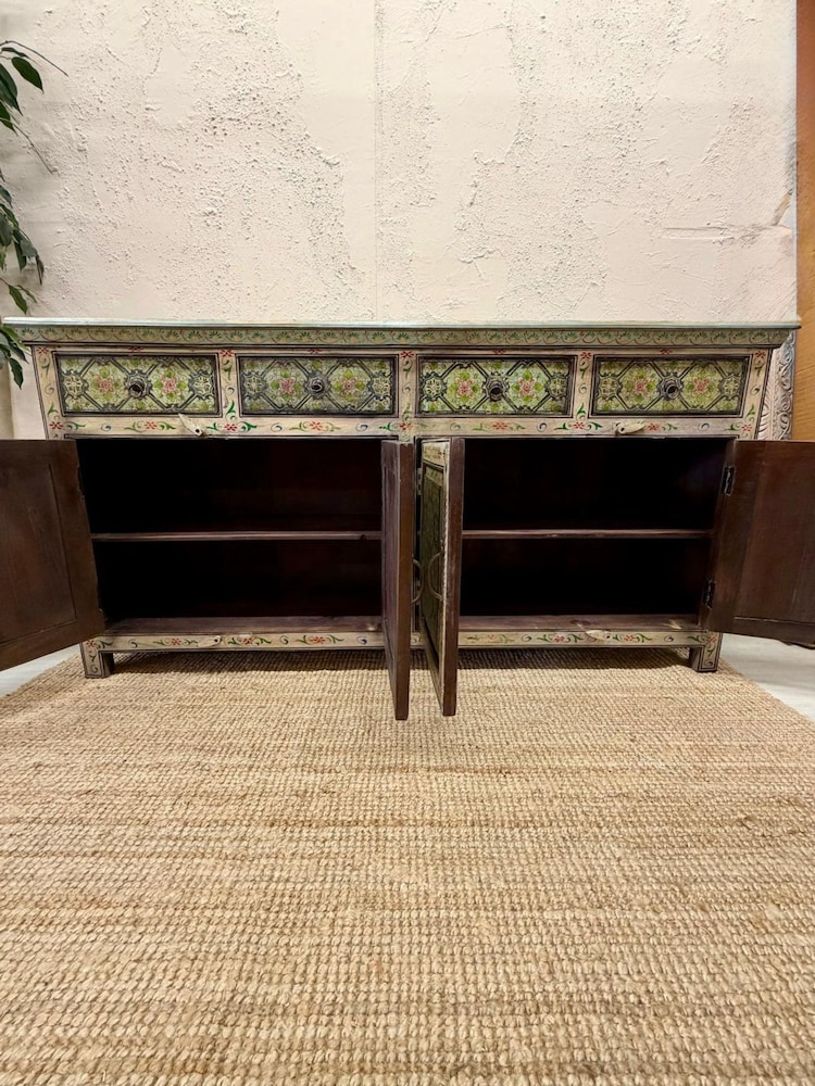 Kirei Home Blue Hand Painted Mango Wood Floral Sideboard - Image 5 of 5