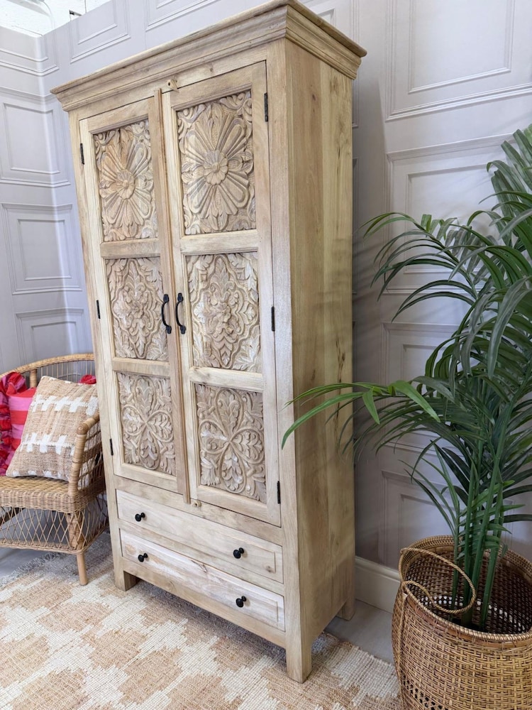 Kirei Home Light Natural Two Door Two Drawer Mango Wood Wardrobe - Image 2 of 4 Kirei Home Light Natural Two Door Two Drawer Mango Wood Wardrobe - Image 2 of 4