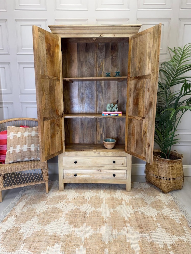 Kirei Home Light Natural Two Door Two Drawer Mango Wood Wardrobe - Image 4 of 4 Kirei Home Light Natural Two Door Two Drawer Mango Wood Wardrobe - Image 4 of 4