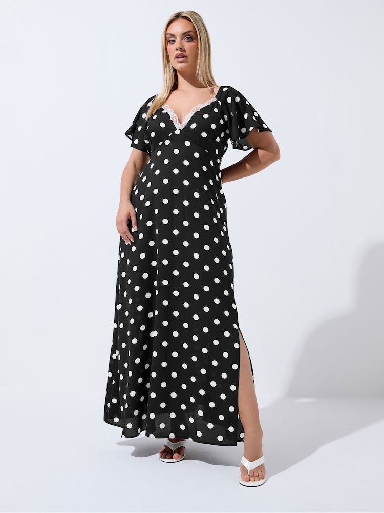 Yours Curve Black Limited Polka Dot Lace V Dress - Image 1 of 5 Yours Curve Black Limited Polka Dot Lace V Dress - Image 1 of 5