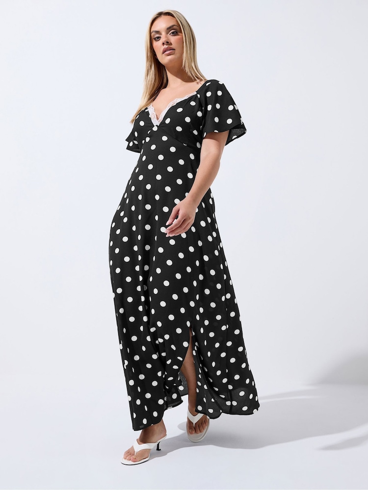 Yours Curve Black Limited Polka Dot Lace V Dress - Image 2 of 5 Yours Curve Black Limited Polka Dot Lace V Dress - Image 2 of 5