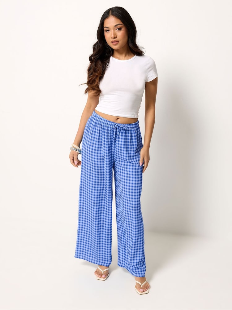 PixieGirl Petite Blue Gingham Wide Leg Trousers - Image 1 of 5 PixieGirl Petite Blue Gingham Wide Leg Trousers - Image 1 of 5